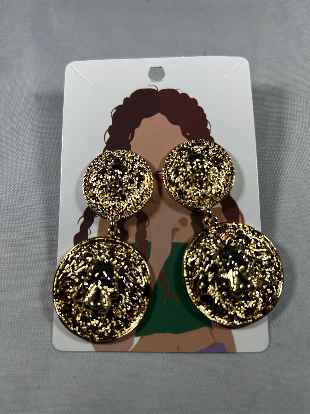Gold Lion Head Medallion Drop Earrings - Women Jewelry